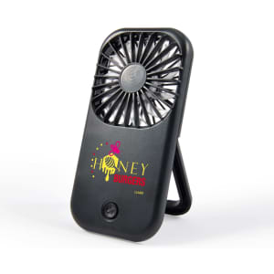 A portable black fan with a stand and branding, designed for leisure and outdoor use.