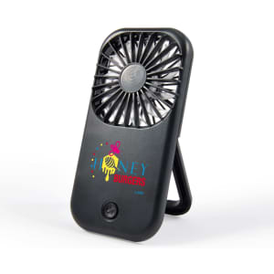 A portable fan with a sleek design featuring a branded logo. The fan includes a built-in stand for easy positioning.