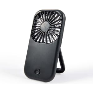 A portable Sirocco Fan with a sleek black design, featuring a foldable stand for easy placement.