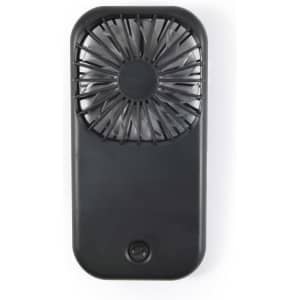 A portable black fan with a circular grill and a sleek rectangular body, featuring a logo.
