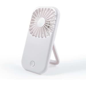 A portable white fan with a circular grille and a built-in stand.