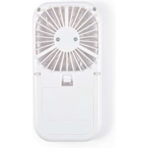 A portable Sirocco Fan in white, featuring a compact design with a circular fan grill and a foldable stand.