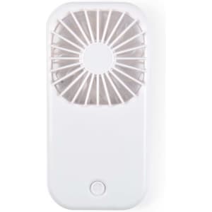 A portable Sirocco Fan in white, featuring a circular fan grille and a sleek rectangular body.