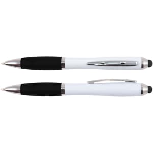A white and black stylus pen with a metallic clip, featuring a traditional pen tip and a stylus tip on the opposite end.