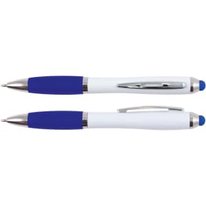 A stylus pen featuring a blue grip and accents with a white barrel and a silver clip.