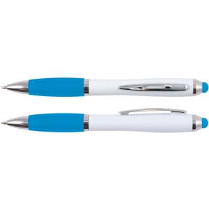 A stylus pen featuring a white barrel and blue grip, with a shiny chrome clip and tip. Two pens are displayed, one on top of the other.