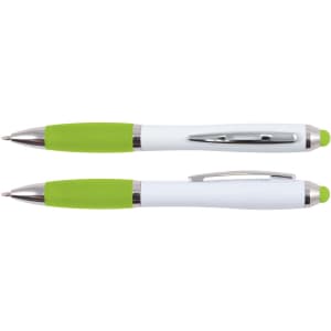 A stylus pen featuring a white body with green accents and silver detailing, including a clip and rubber grip.