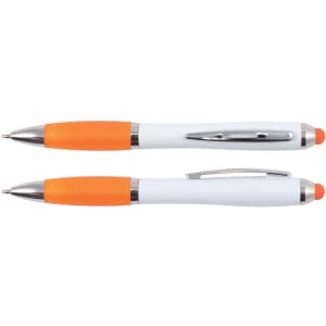 A stylus pen featuring a white body with orange accents and chrome details, shown from two angles.