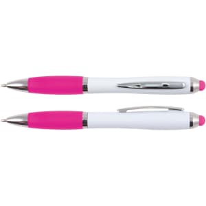 A stylus pen featuring a white body with pink accents and a shiny chrome clip and details.