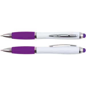 A stylus pen featuring a white body with purple grips and accents, designed for smooth writing and touchscreen use.