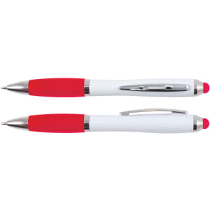 A red and white stylus pen with a shiny silver clip, featuring a branding logo.