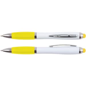 A stylus pen with a white body and bright yellow accents, featuring a silver clip and tip.