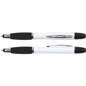 A stylus pen and highlighter combo in a sleek design featuring a white body with black accents and grip.