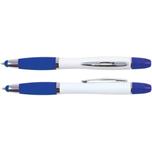 A stylus pen and highlighter in white and blue, featuring chrome accents and a logo.