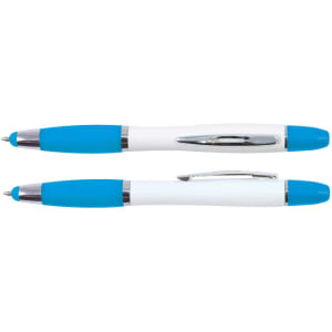 A stylus pen and highlighter set in blue and white. The design features a sleek finish with a clip for easy attachment.