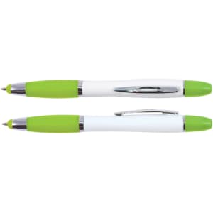 A green and white stylus pen and highlighter with a silver clip, featuring a sleek design and branding.