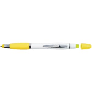 A stylus pen and highlighter in white and yellow, featuring a chrome accent and a cap for the highlighter.
