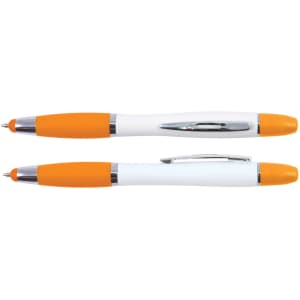 A white stylus pen and highlighter with orange accents, featuring a sleek design and a clip on the side.