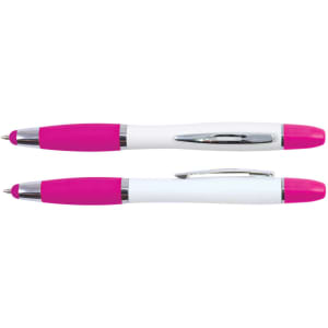 A stylus pen and highlighter in a pink and white design, featuring a sleek body and chrome accents.