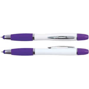 A stylus pen and highlighter in white and purple, featuring a chrome clip and accents.