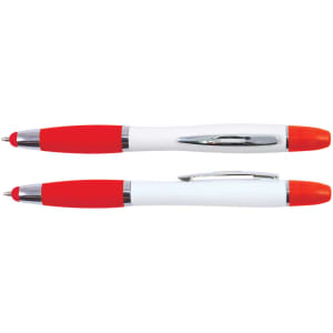 A stylus pen and highlighter in red and white with chrome accents and a clip. The highlighter has a matching red cap.