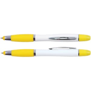 A stylus pen and highlighter in white with bright yellow accents, featuring a silver clip. The image includes two pens.