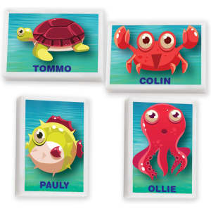 A collection of four characters: a turtle, crab, fish, and octopus, all with bright colours and playful expressions.
