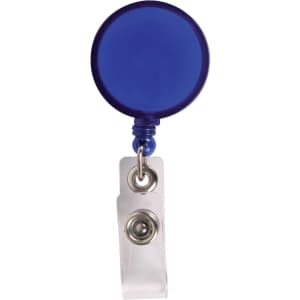 A retractable name badge holder with a round blue reel and a clear clip for attachment.