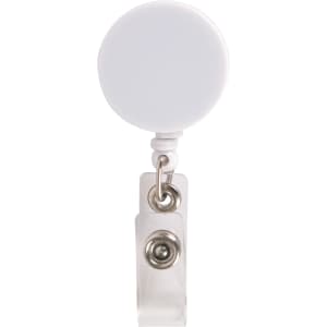 A retractable name badge holder featuring a round, white reel and a silver clip for attachment.