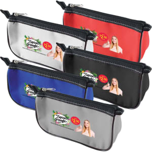 A selection of five Frenzy Pencil Cases in grey, red, blue, black, and a design featuring a logo.