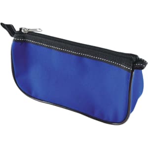 A blue pencil case with a black zipper and a sleek design, featuring a logo on the surface.