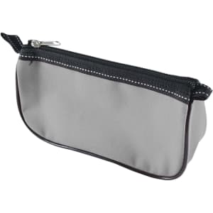 A pencil case with a sleek gray exterior and a black zipper.