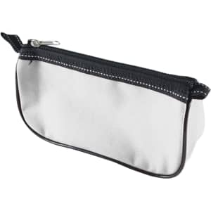 A sleek white pencil case with a black zipper, featuring a simple design and a branded logo.