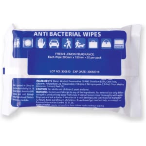 A pack of antibacterial wipes in a white and blue design, with a fresh lemon fragrance and 20 wipes inside.