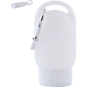 A white Breezy Gel Hand Sanitiser bottle with a clip for easy attachment.