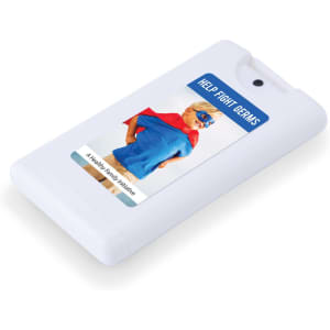 A white hand sanitiser with a logo, featuring a superhero graphic on the front.