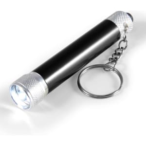 A compact flashlight featuring a sleek black body with silver accents and a keychain attachment for portability.