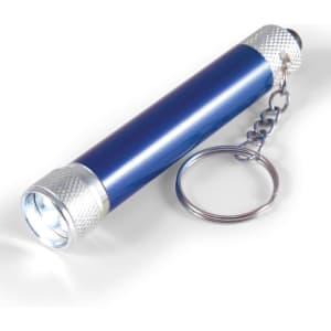 A compact blue torch with a silver keychain attached, featuring a bright LED light at one end.