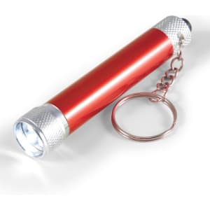 A red Orion Torch with a keychain attachment, featuring a metallic silver end where the light emits.