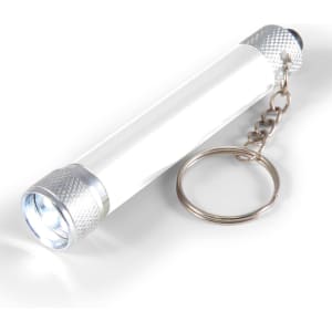 A compact flashlight with a silver body and keychain attachment, featuring a bright LED light at one end.