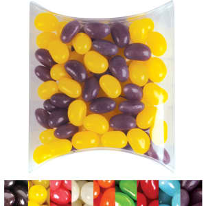 A pillow pack filled with yellow and purple jelly beans, featuring a variety of colors in the background.
