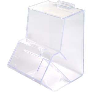 A clear acrylic dispenser with a scoop, featuring a transparent design and a hinged lid.