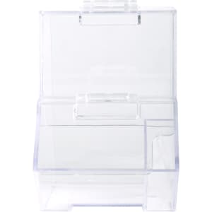 A clear plastic dispenser with a hinged lid and a scoop compartment on the side. It features a simple, transparent design.