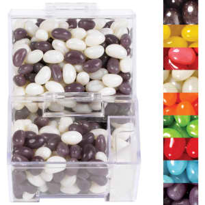 A dispenser filled with purple and white mini jelly beans in various colors, featuring a clear branding logo.