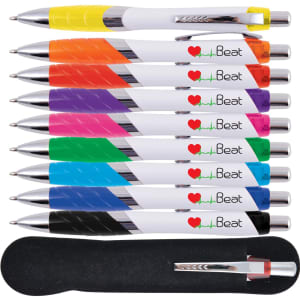 A collection of ten plastic pens in various colours, with a black case and a logo on each pen.