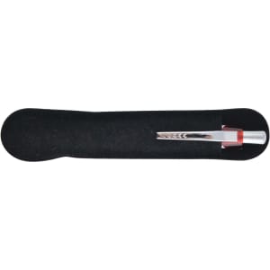 A plastic pen in a black felt case, featuring silver and red accents, with a logo on the pen.