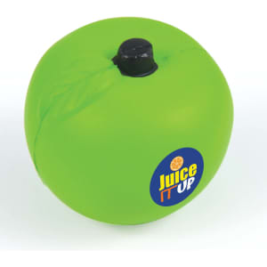 A green apple-shaped stress reliever with a black stem and a logo on the side.