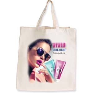 A cream-colored reusable grocery bag featuring a model wearing sunglasses and cosmetics branding, with a logo present.