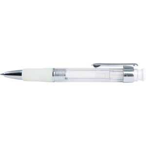 A plastic pen featuring a clear barrel and a white grip, with a chrome clip and tip.