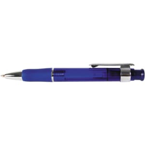 A blue plastic pen with a silver clip and a transparent barrel. It features a logo on the side.